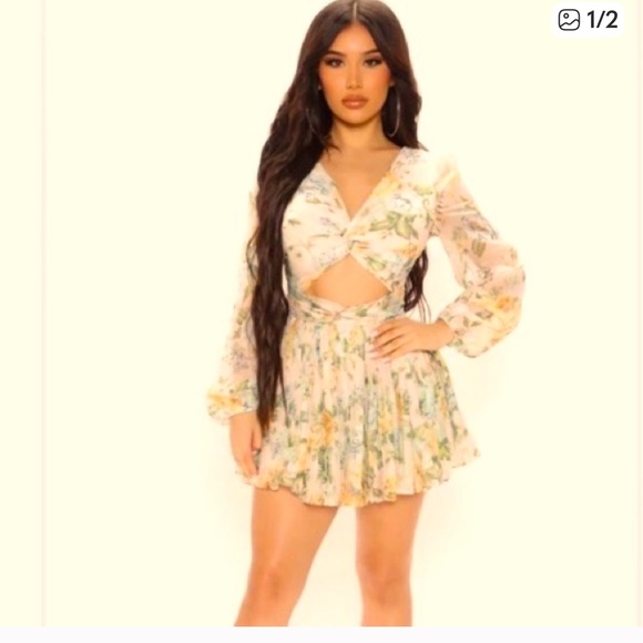 Fashion Nova Dresses & Skirts - Fashion Nova Floral Long Sleeve Dress - Cream and Green